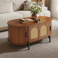 Oval Coffee Table With Rattan, Sliding Doors, Wood Look, Metal Legs, Multifunctional Living Room Table With Storage Space. - Brown - View 7