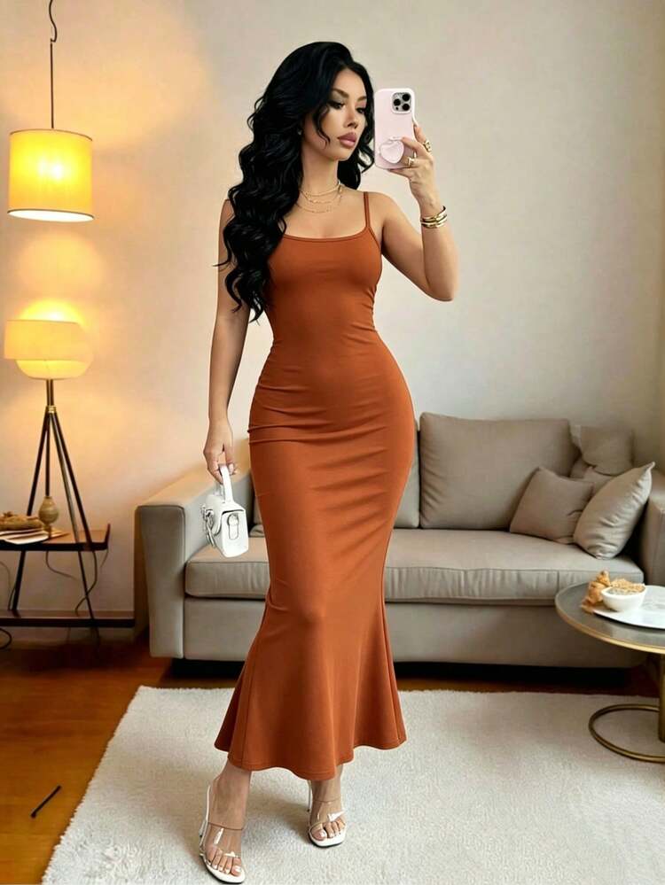 el mejor regalo para el Día de la Madre:Vestido largo ajustado y sexy de unicolor con escote en V profundo para mujeres,,,Vestido de encaje ajustado elegante y romántico para citas nocturnas, día de San Valentín - Marrón - Añade 1