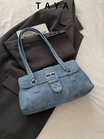 Women's Retro Denim Shoulder Bag, Casual Large Capacity Handbag With Silver Buckle Decor, Lightweight Underarm Bag, Suitable For Daily Commute And Work