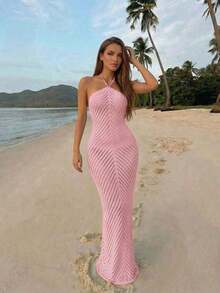 Vestido de tirantes con decoración de perlas falsas para mujer, vestido holgado con cordones azules, vestido lápiz de estilo bohemio.Adecuado para salidas a la playa, vacaciones casuales, festivales de música, fiestas en la playa y eventos de cóctel en verano - Rosa - Ver 6