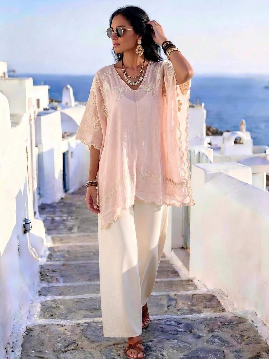 1 chiếc áo choàng cổ chữ V thêu họa tiết Paisley thanh lịch, kiểu kimono/sarong phong cách Bohemian, áo khoác ngoài đi biển mùa xuân/hè, áo chui đầu thêu sang trọng nhẹ nhàng, đa năng, thích hợp mặc hàng ngày và làm quà tặng, đồ dùng cần thiết cho kỳ nghỉ và du lịch. - Màu Hồng  San hô - Xem 1