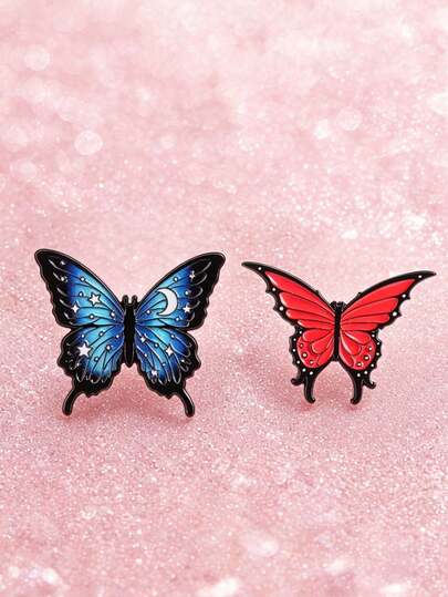 1set Moon Star Blue Butterfly And Flame Red Butterfly Enamel Pin Vintage Dreamy Butterfly Brooch Bag Lapel Badge Fashion Jewelry Gift