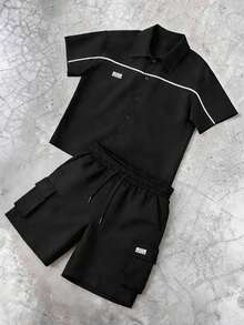 Men's Summer Casual Contrast Trim Shirt And Shorts Set - Black - View 1