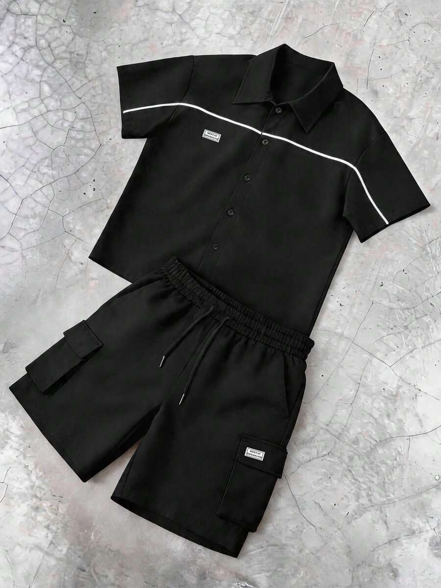 Men's Summer Casual Contrast Trim Shirt And Shorts Set - Black - View 1