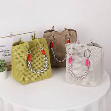 Bolso de mano pequeño de punto calado personalizado para niña, bolso cubo de tejido chic con asa superior, bolso tote cuadrado mini estructurado con detalle de anillo metálico - Multicolor - Ver 9
