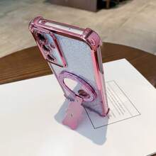 Glitter Magnetic Bear Makeup Mirror Stand, Hidden Multi-Function Foldable Stand, 4-Corner Shiny Sparkle Paper Air Cushion Anti-Drop Transparent Phone Case, Suitable For SX A57 A37/57 A123456789987654321 45G Electroplated 4-Corner Air Cushion Anti-Drop Transparent Phone Case, Suitable For Samsung/S26/S25/S24/S23/S22 Series/A Series, MT, Pixel, Suitable For , Suitable For [International Version, Not Domestic] - Pink - View 2