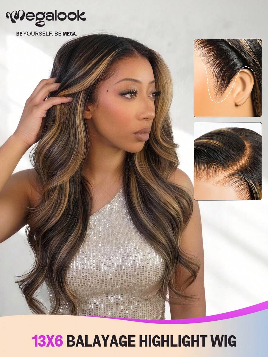 MEGALOOK Balayage Highlight 13x6 Lace Front Wavy Curl 100% Human Hair Glueless Drawstring Wig 180% Density Pre-Plucked Transparent Lace Front Natural Hairline