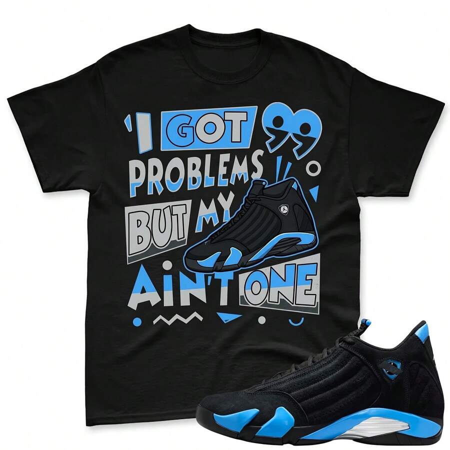 ¡99 PROBLEMAS! Camiseta a juego con las jordans 14 negras y azul universitario, camiseta a juego jordans 14 azul universitario, camiseta a juego retro azul y negro de las 14 - forma - Ver 1