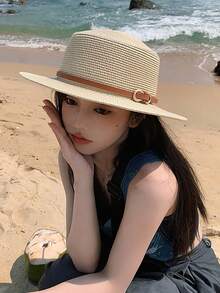 Mũ rơm vành bằng mới dành cho nữ, mũ chống nắng mùa hè đi biển, mũ dệt kiểu Nhật Bản thanh lịch, mũ chống nắng thời trang đa năng, màu trơn, chất liệu polyester (polyester), thích hợp cho cả nam và nữ, mùa xuân/hè, kỳ nghỉ, du lịch. - mũ - Xem 2