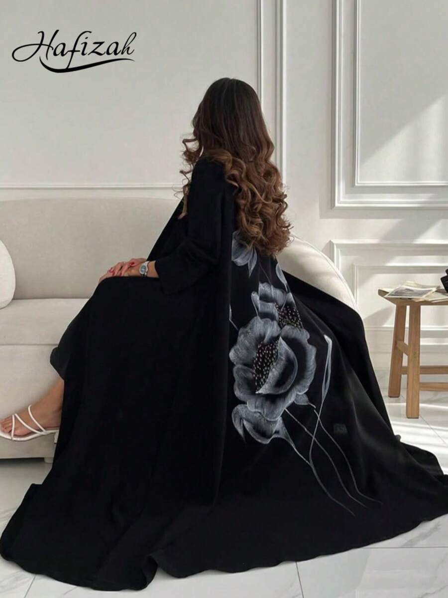 Women's Long Sleeve Kaftan Robe, Black Woven Fabric, Hand-Painted Floral Pattern, Loose Long Style Spring