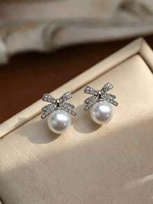 1 Bộ trang sức dây chuyền và hoa tai bện ngọc trai giả đính đá bạc thanh lịch tối giản, thiết kế sang trọng, thích hợp cho đám cưới, tiệc tùng, trang phục hàng ngày cho phụ nữ - Nhiều màu - Xem 3