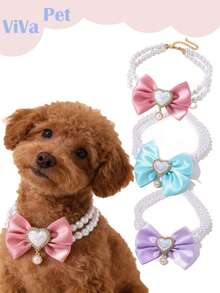 Pearl Necklace For Dogs & Cats, With Rhinestone Bone And Pearl Bow Tie Pet Accessories, Fashionable Design Made Of Pearl Material. Stylish Cat Wedding Collar Decor, Suitable For Female Cats And Small/Medium Dogs (Pink, Blue) - Multicolor - View 3