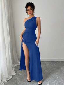 Nuevo vestido de verano sexy negro con hombro asimétrico, plisado, calado y abertura alta, adecuado para vacaciones, citas y fiestas - azul real - Ver 7