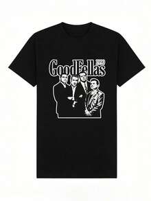 Camiseta de manga corta con cuello redondo suave y casual para mujer, estampado gráfico retro en blanco y negro, adecuada para uso diario casual. Color negro. - Negro - Ver 2