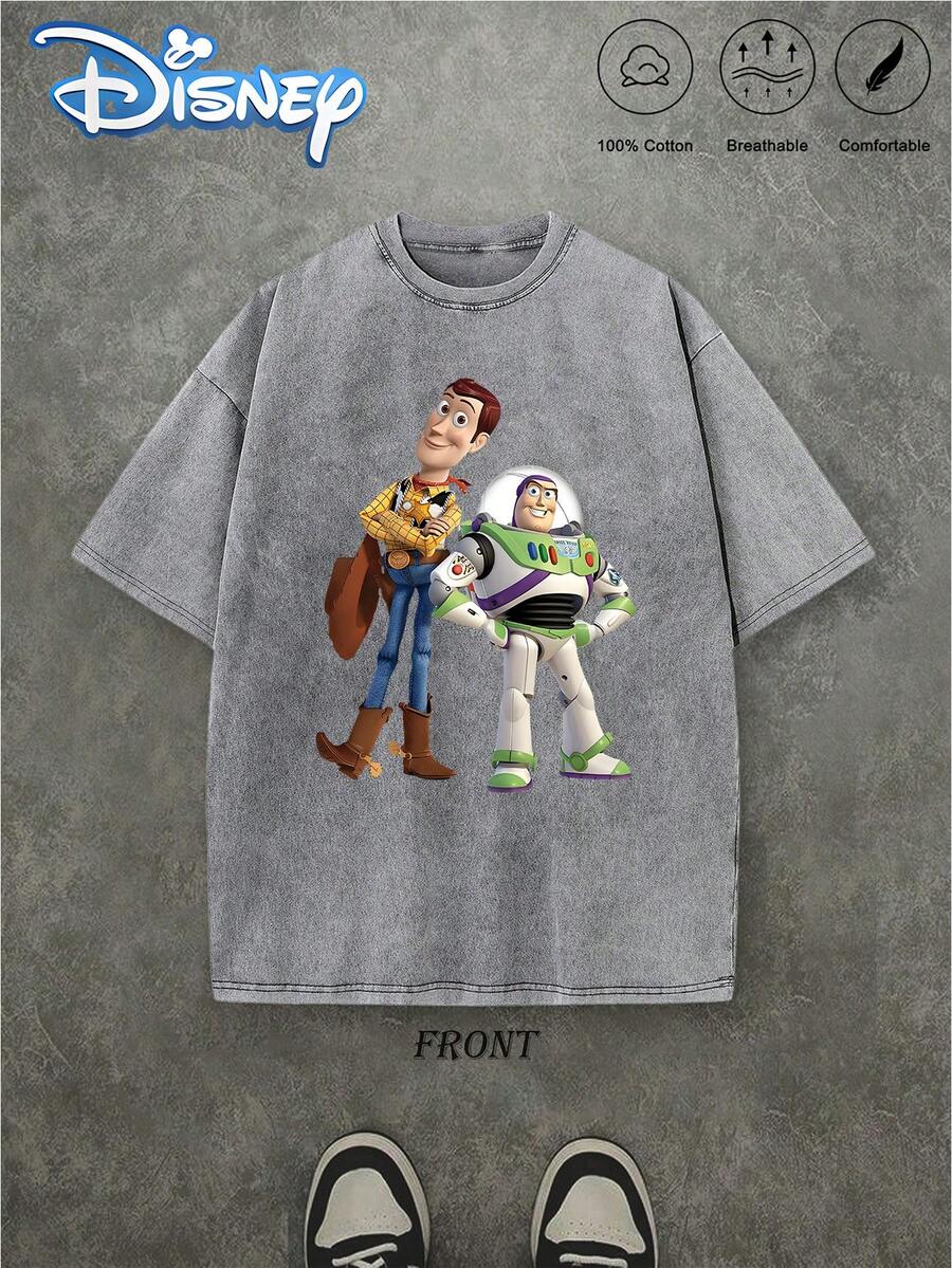 Men'S T-Shirt Featuring A Disney-Licensed Print Of Toy Story'S Woody And Buzz Lightyear, Made From Heavyweight 100%. It Has A Vintage Washed Appearance, A Loose Fit, And Short Sleeves, Making It Soft, Comfortable, And Perfect For Casual Outings - 灰色 - 查看 1
