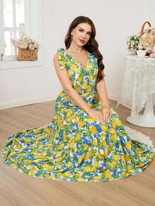 Reflora Vestido de moda con volantes en el bajo, sin mangas y con hombros anudados con estampado de lunares para mujer de talla grande - Amarillo - Ver 6