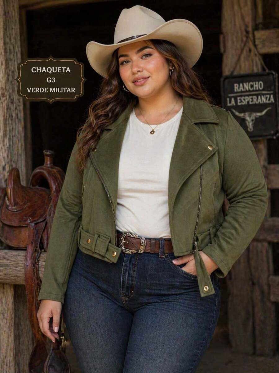 Premium Women's PLUS SIZE Suede Jacket From S To G4 - Verde Oliva - Ver 1
