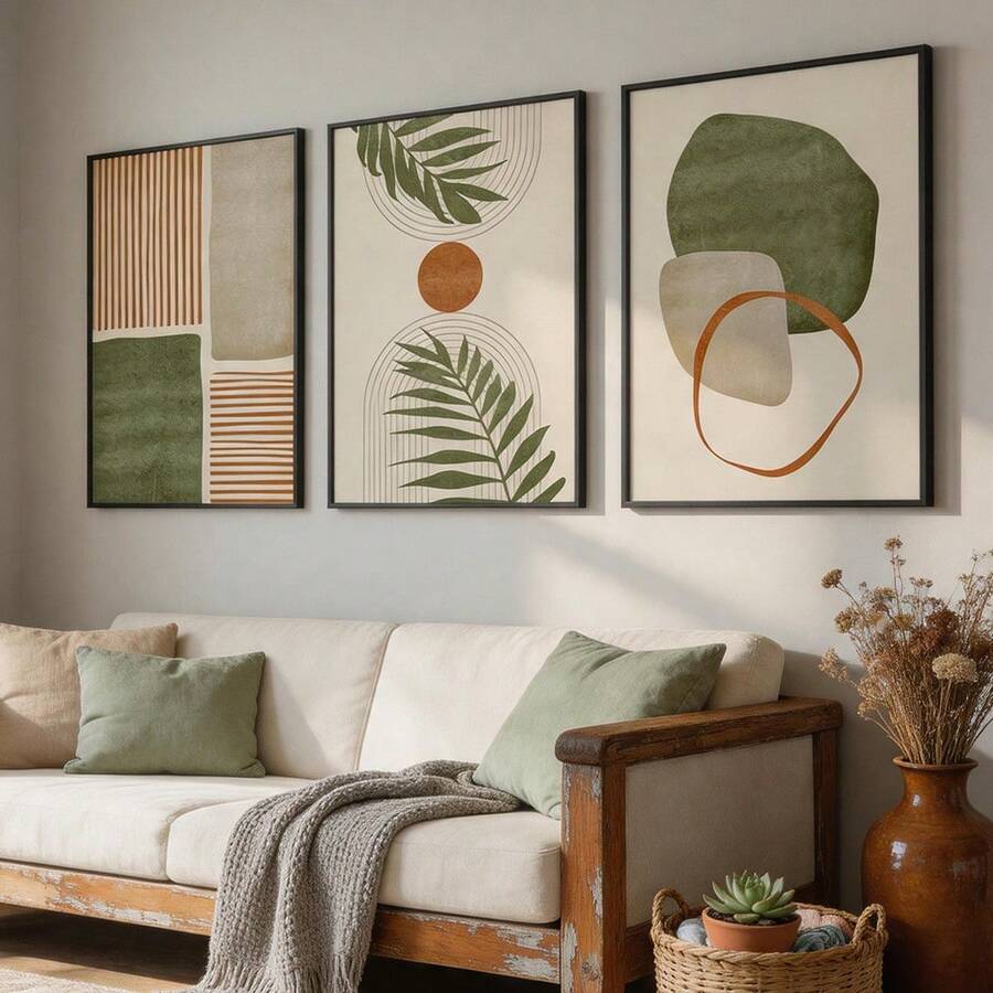 3Pcs/Set Boho Abstract Canvas Wall Art Set, Green & Terracotta Botanical Prints, Neutral Mid-Century Decor For Living Room, Bedroom & Office, Optional Frame