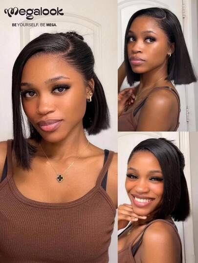 MEGALOOK 13x5 Glueless Lace Frontal Wigs 100% Virgin Human Hair Silky Straight Natural Black Color 5-Inch Depth Lace Pre-Plucked And Bleached Knots Free Parting 180% Density Wear & Go 10-14 Inch Short Straight Bob Wig Ready To Wear 2.0 Breathable Cap Easy Wearing Natural Look