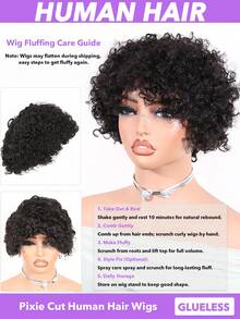 Peluca de cabello humano con corte pixie para mujeres, rizada y rizada a máquina, densidad del 180% de cabello humano brasileño Remy, peluca con ondas rizadas sin pegamento, con gorro de red de rosa, aspecto natural, adecuada para todos los tonos beige claros, fácil de peinar, versátil para atuendos casuales, peluca, adecuada para cuero cabelludo sensible - Natural Black - Ver 3