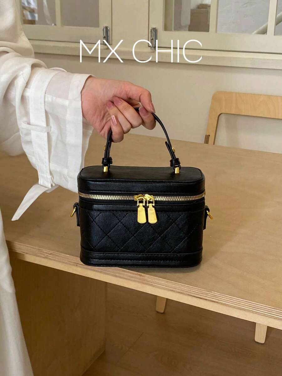 1个迷你女士手提包,时尚纯色菱形刺绣斜挎包,适合装卡片和钥匙 - 黑色 - 查看 1