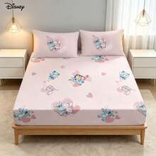 Disney 3Pcs Sweet Lilo Stitch Angel Heart Print Fitted Sheet And 2 Pillowcases Lovely Pink Romantic Room Bedding Collection - Fitted Sheet Set - View 1