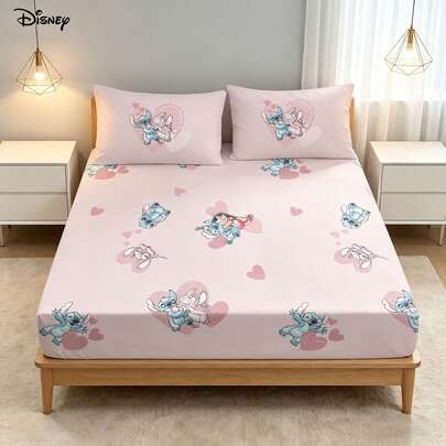 Disney 3Pcs Sweet Lilo Stitch Angel Heart Print Fitted Sheet And 2 Pillowcases Lovely Pink Romantic Room Bedding Collection