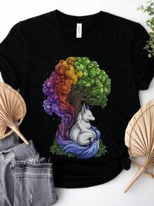 Enchanted Nine-Tailed Fox With Rainbow Tree Design T-Shirt - 黑色 - 查看 1