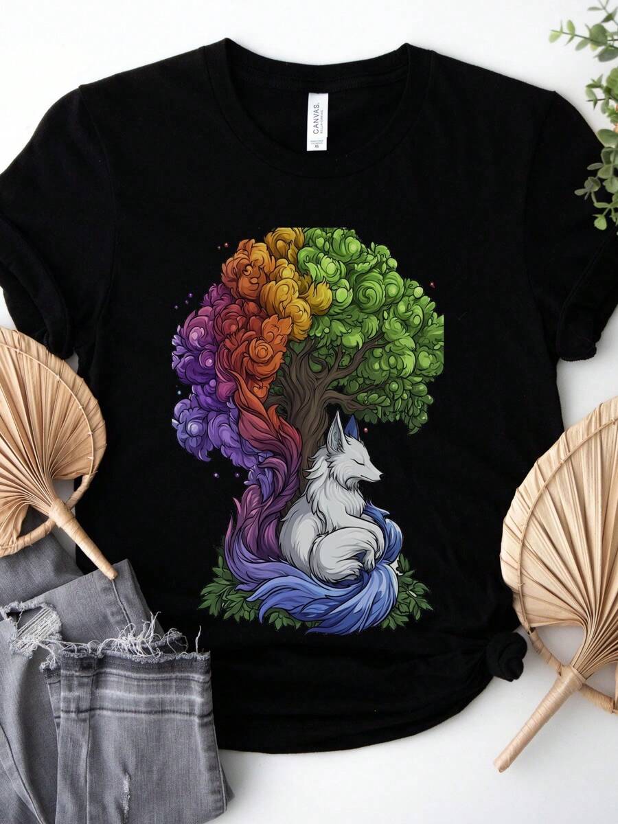 Enchanted Nine-Tailed Fox With Rainbow Tree Design T-Shirt - 黑色 - 查看 1
