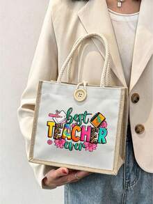 Túi vải lanh in chữ hoa "Best Teacher" (Người thầy tuyệt vời nhất), quà tặng Ngày Nhà giáo, túi tote in hình có thể tái sử dụng, túi tote đi làm hàng ngày. - Nhiều màu - Xem 13