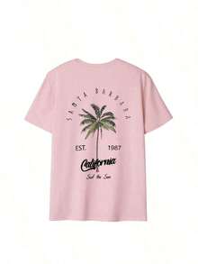 TopsWomen's Casual Round Neck Palm Tree & Letter Print Vacation Style Short Sleeve T-Shirt Top, White & Pink Women's Summer Cotton Short Sleeve T-Shir - 粉色 - 查看 4