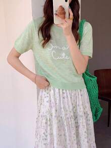 Áo thun nữ tay ngắn cổ tròn dệt kim họa tiết chữ tối giản, phong cách thường ngày, thích hợp cho mùa hè. - màu xanh lá - Xem 3