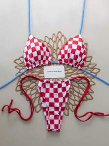Bộ bikini 2 mảnh kẻ caro gợi cảm buộc dây phía sau, thích hợp cho mùa xuân/hè, đi biển, biểu diễn sân khấu, tiệc tùng và kỳ nghỉ. - Đỏ và trắng - Xem 6