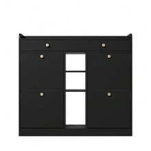 Elegante scarpiera nera con 4 ante a battente, 2 cassetti e 3 vani a giorno; perfetta per corridoi e ingressi moderni. Dimensioni: 110 x 26 x 100 cm. - nero - Visualizzare 11