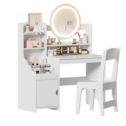 AYYDS 2-In-1 Vanity Set, Princess Children's Vanity Table With Stool, Storage Cabinet, Wooden Dressing Table For Girls, White, Pink