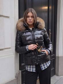 ZIAI Women's Casual Solid Shiny Winter Jacket, New Fashion Belted Slim Fit Thick Jacket, Women's Short Down Jacket With Faux Fur Collar, Fashionable Holiday Choice - Black - View 3