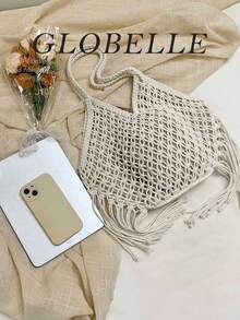GLOBELLE 流苏编织沙滩手提包，大号网眼编织单肩包，波西米亚风夏季女士手提包 - 白色 - 查看 10