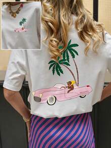 Plus Size Short Sleeve Round Neck Graphic Print T Shirt With Palm Tree And Pink Car Design Casual Vacation - White - View 1