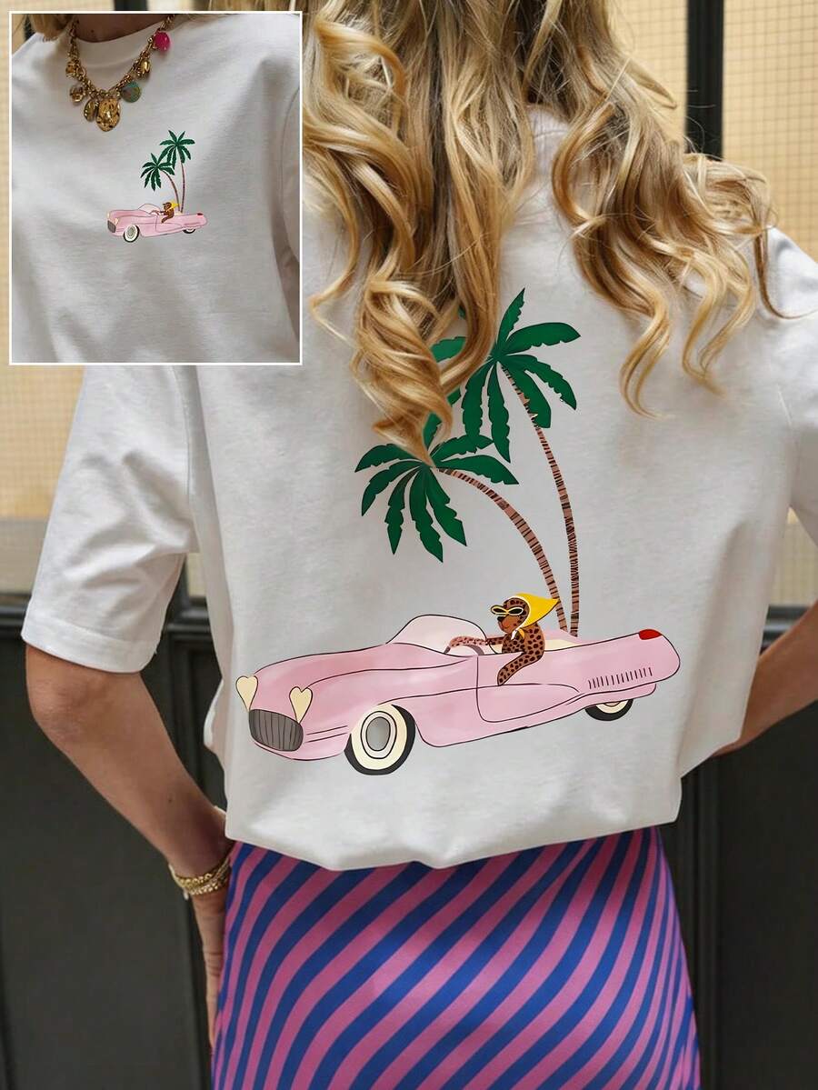 Plus Size Short Sleeve Round Neck Graphic Print T Shirt With Palm Tree And Pink Car Design Casual Vacation - White - View 1