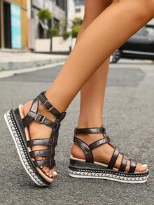 Women's Bohemian Style Platform Wedge Sandals, Comfortable Soft Bottom Beach Sandals Suitable For Beach, Gladiator Sandals, Summer Shoes - Dark Grey - View 1