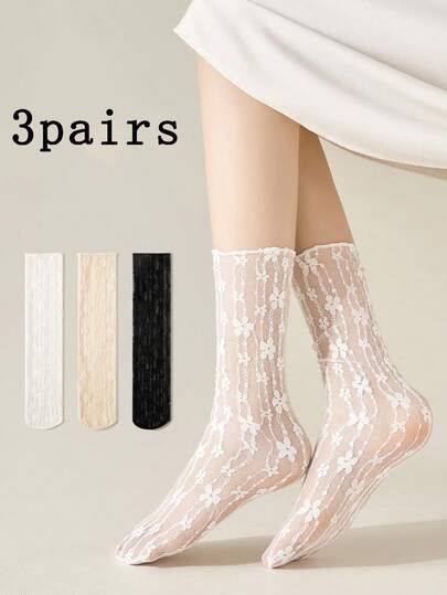 3 đôi tất nữ ren hoa khoét lỗ dài đến bắp chân, tất mắt cá chân lưới xuyên thấu xếp nếp, tất ngắn kiểu dáng dễ thương như váy công chúa.
