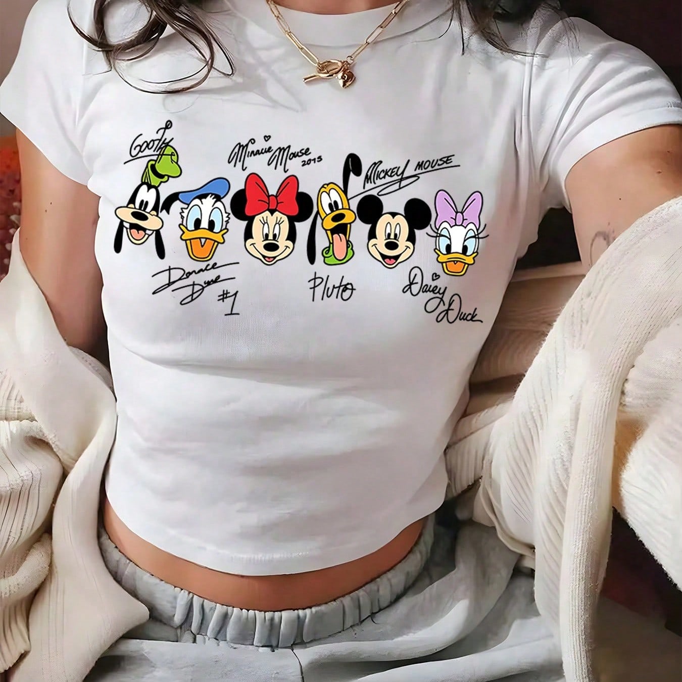 Disney Licensed Women's Fitted Crop Cotton Tee, Mickey Friends Signature Graphic Print, Fall Casual Top, Ideal For Theme Park Visits And Holiday Gift