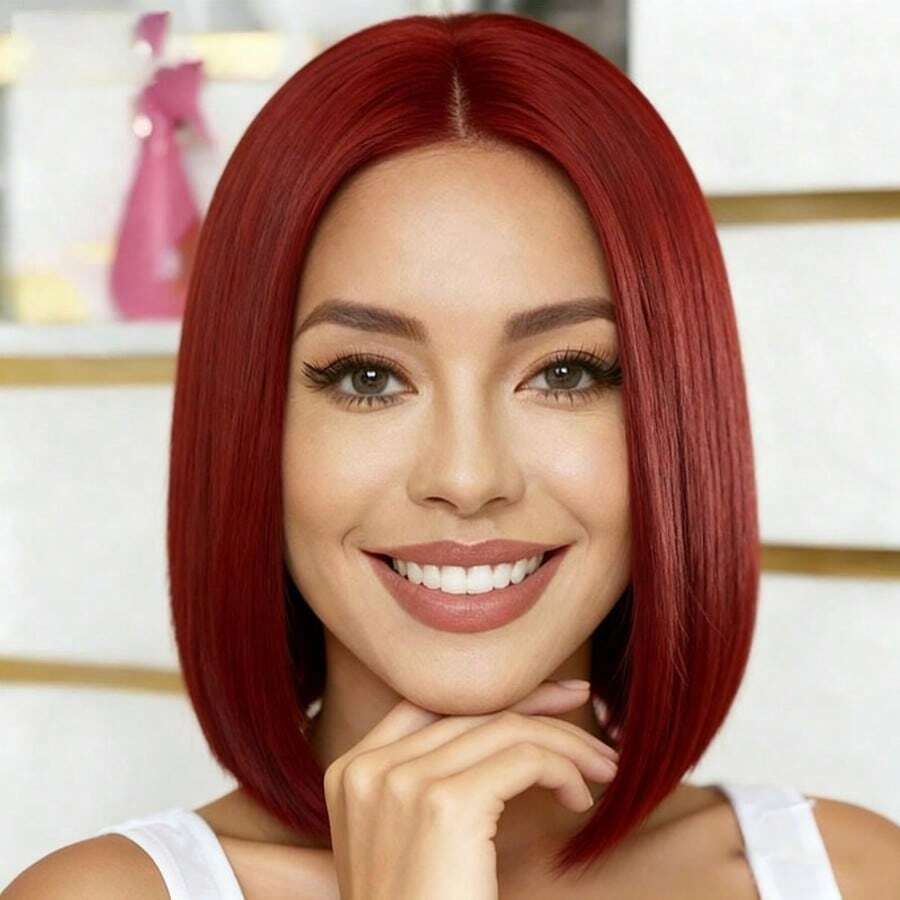 30cm Women Short Straight Wig, Wine Red Middle Part Design Wig, Comfortable Breathable Smooth Soft Natural Look, Suitable For Daily, Party, Role Play, Halloween, Christmas Cosplay - Multicolor - View 1