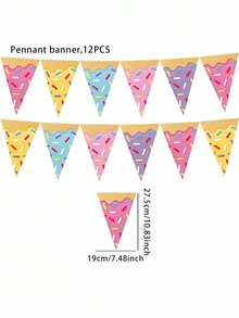 12 pièces Guirlande triangle donut, décoration de fête à thème, donut glace, drapeau triangle, bannière, royaume des bonbons, guirlande d'anniversaire, drapeau triangle glace, bannière dessert, fournitures de fête d'anniversaire, décoration saisonnière - multicolore - Voir 3