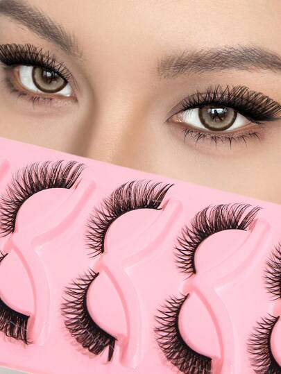 5 Pairs Natural Looking Faux Mink Eyelashes, Fox Eye Crossed Tapered Design, Cat Eye Elongated Lashes, Suitable For Commute, Travel, Date, 6-18mm