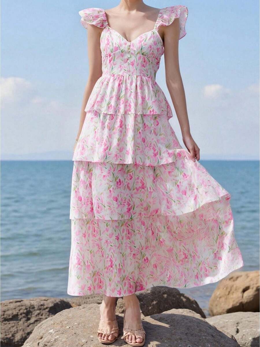 Women's Floral Dress Stylish Multi-Layered Ruffles Split Cap Sleeve Long A-Line Dress For Spring Summer - Pink - View 1