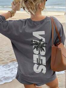TopsWomen's Minimalist Coconut Tree Slogan Print Casual Round Neck Short Sleeve T-Shirt, Simple & Versatile, Suitable For Daily & Holiday Wear. Graphi - 深灰色 - 查看 2
