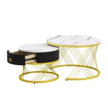 Elegant Modular Coffee Table: Marble Look, Gold Decoration, Side Table With Drawers – Set Of 2 - White - View 10