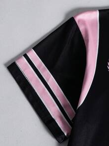 Áo thun ngắn tay cổ tròn kiểu Mỹ retro dành cho bé gái tuổi teen, màu đen và hồng phối tương phản, in số 67 và chữ cái, thích hợp cho mùa xuân/hè. - màu đen - Xem 7