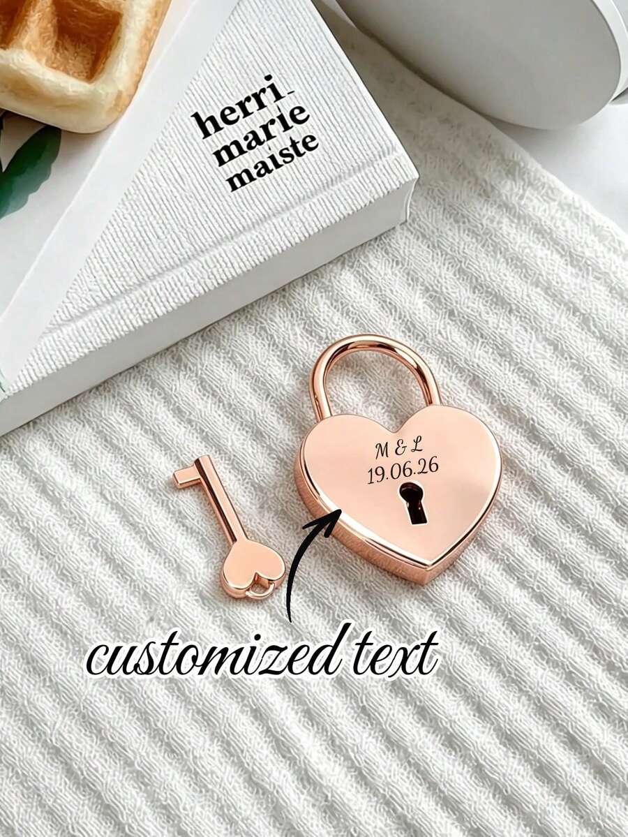 1 Set Customized Engraved Heart Lock & Key Set, Personalized Name & Date Padlock, Couple Matching Jewelry Gift - Multicolor - View 1